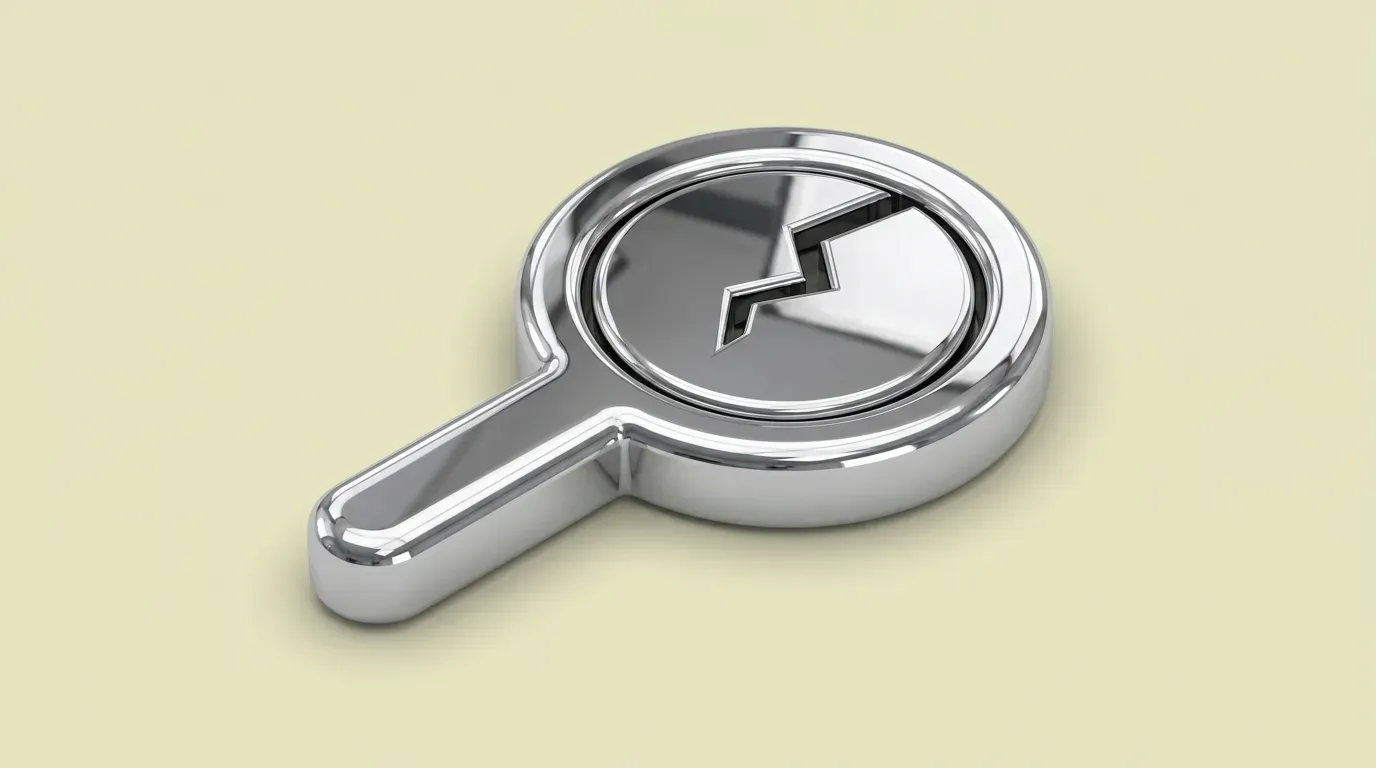 A chrome magnifying glass lying on a pale background, its lens cracked straight through the middle.