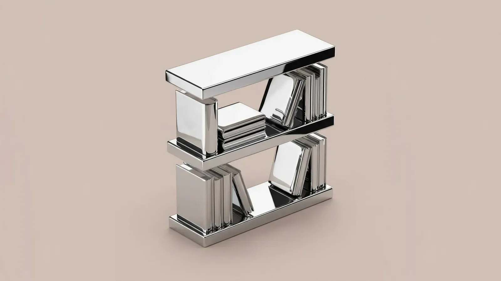A two-shelf chrome bookshelf holding polished chrome books, on a plain taupe background.