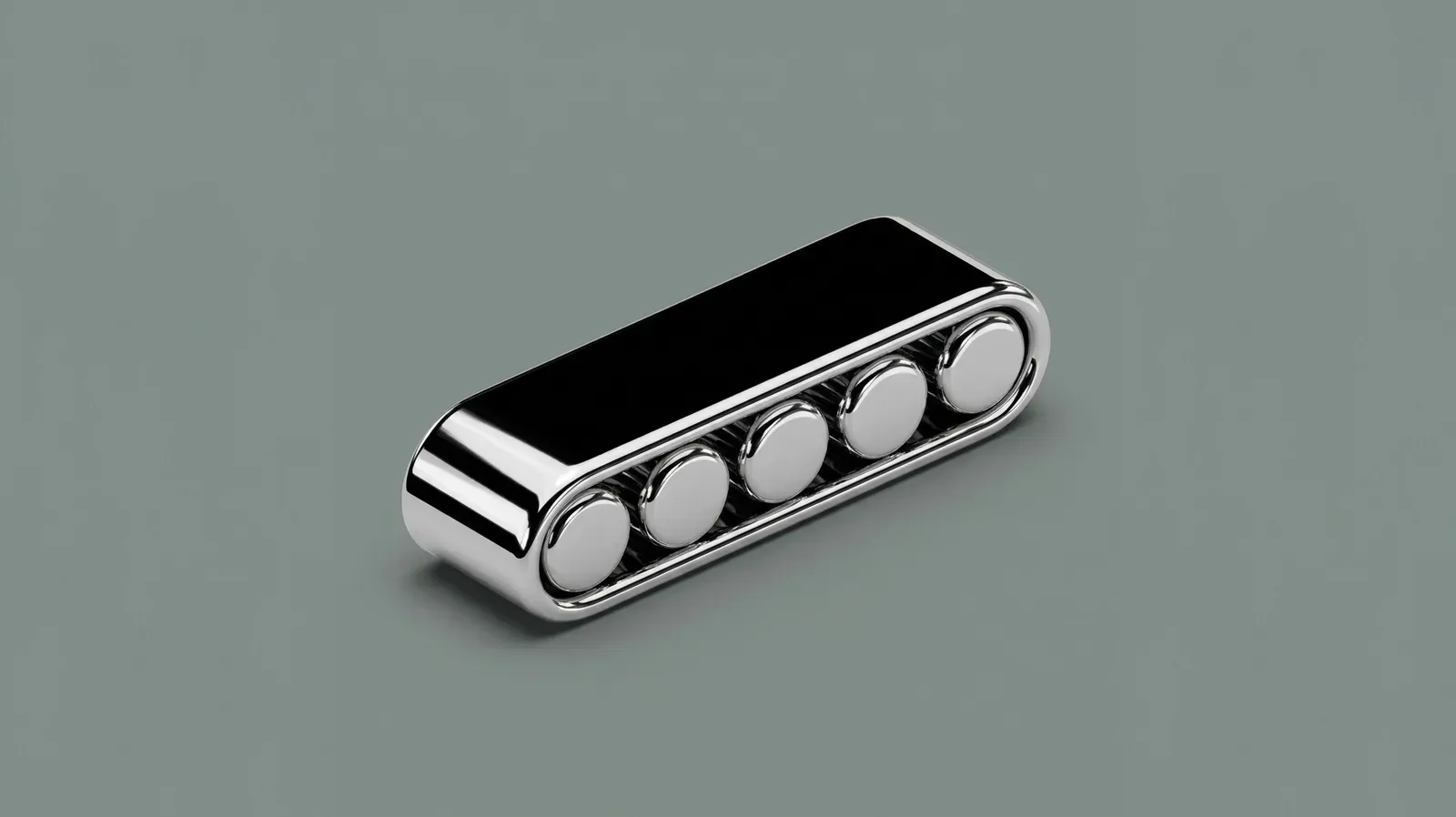 A polished chrome conveyor belt unit with five rollers, on a plain grey background.