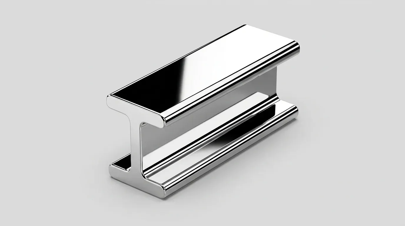 A polished chrome I-beam girder resting on a plain light background.