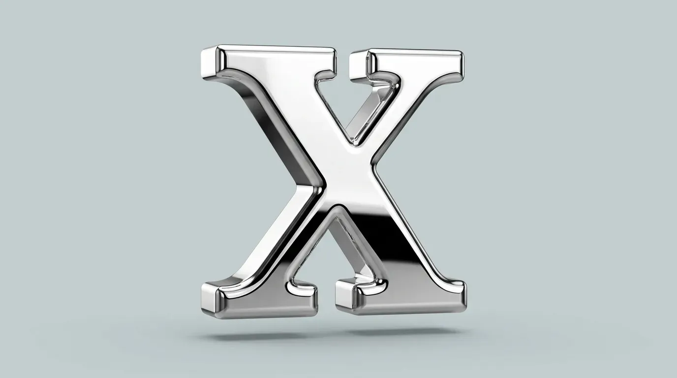 A polished chrome letter X floating above a plain pale gray-blue background.