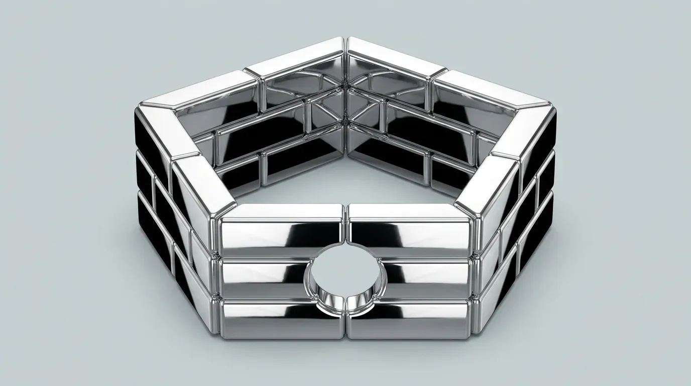 Illustration of a chrome brick wall in the shape of a pentagon, with a round hole through its front side