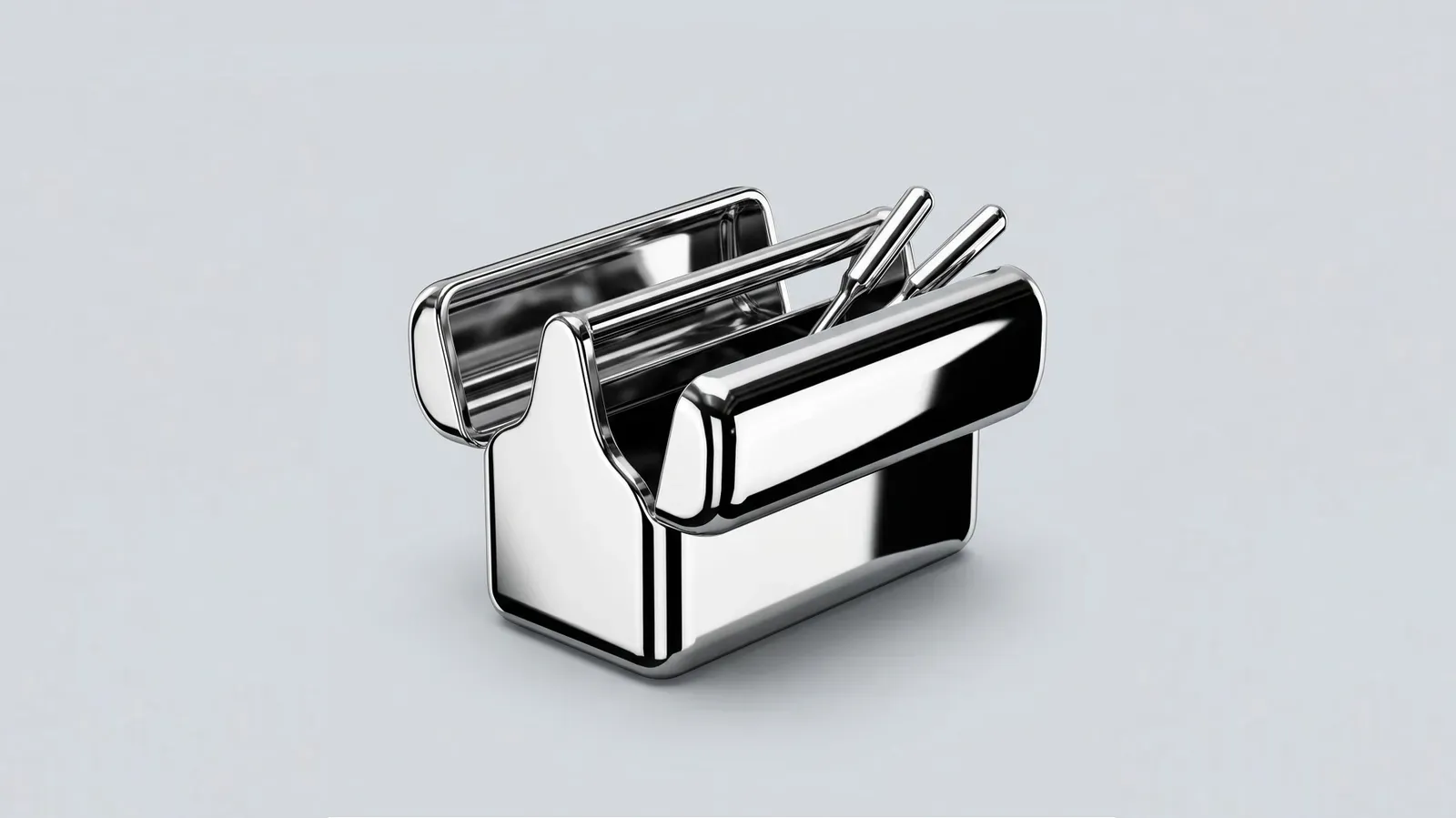 Illustration of a chrome cantilever toolbox holding two tools