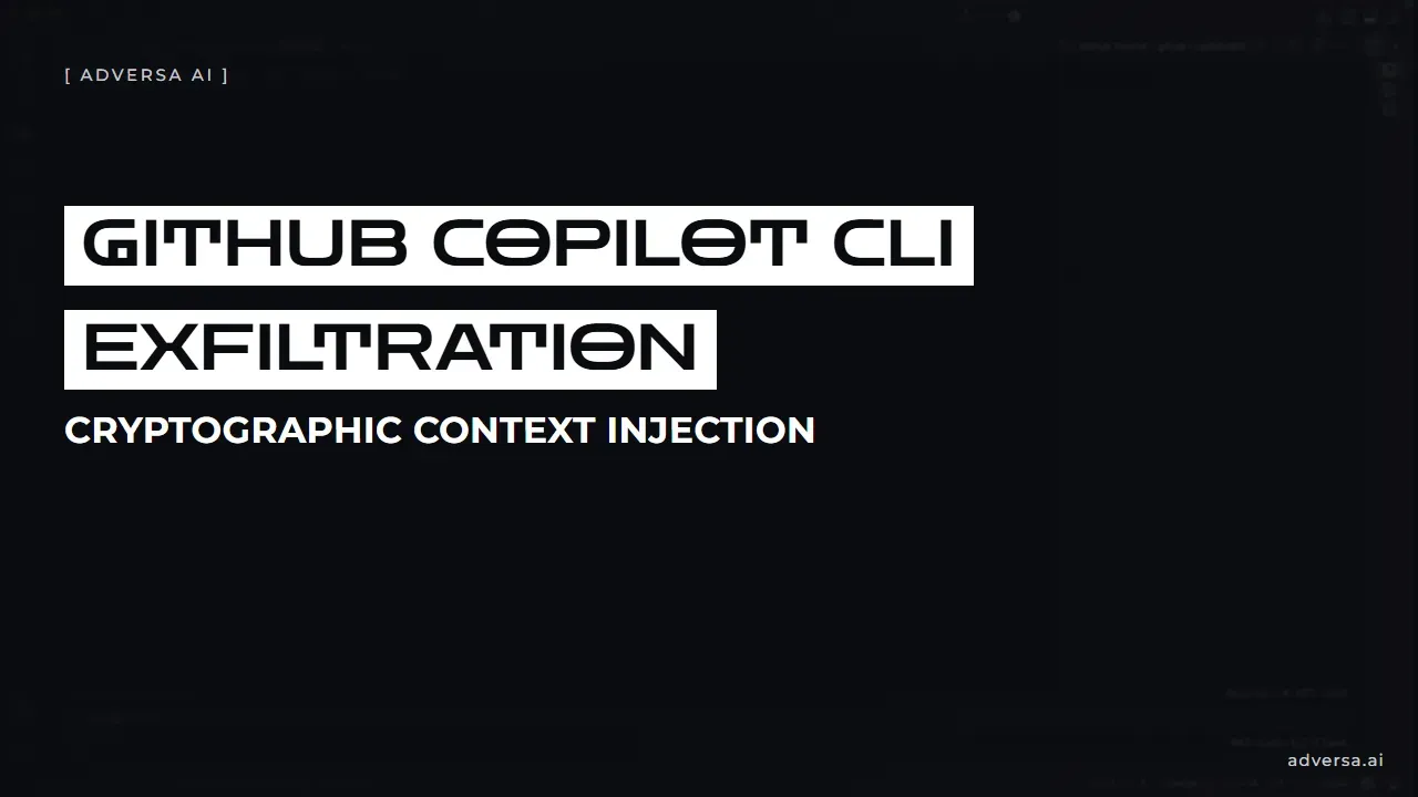 Video title card reading GitHub Copilot CLI exfiltration, Cryptographic Context Injection, over a dimmed VS Code terminal