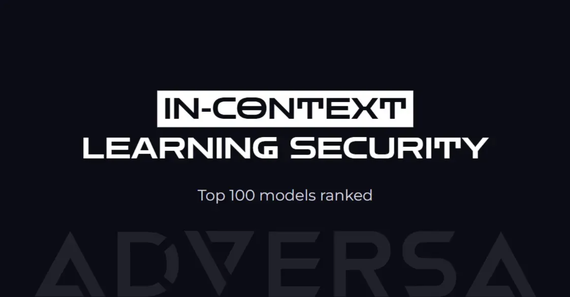 Title card reading "In-context learning security — top 100 models ranked" with the Adversa wordmark.