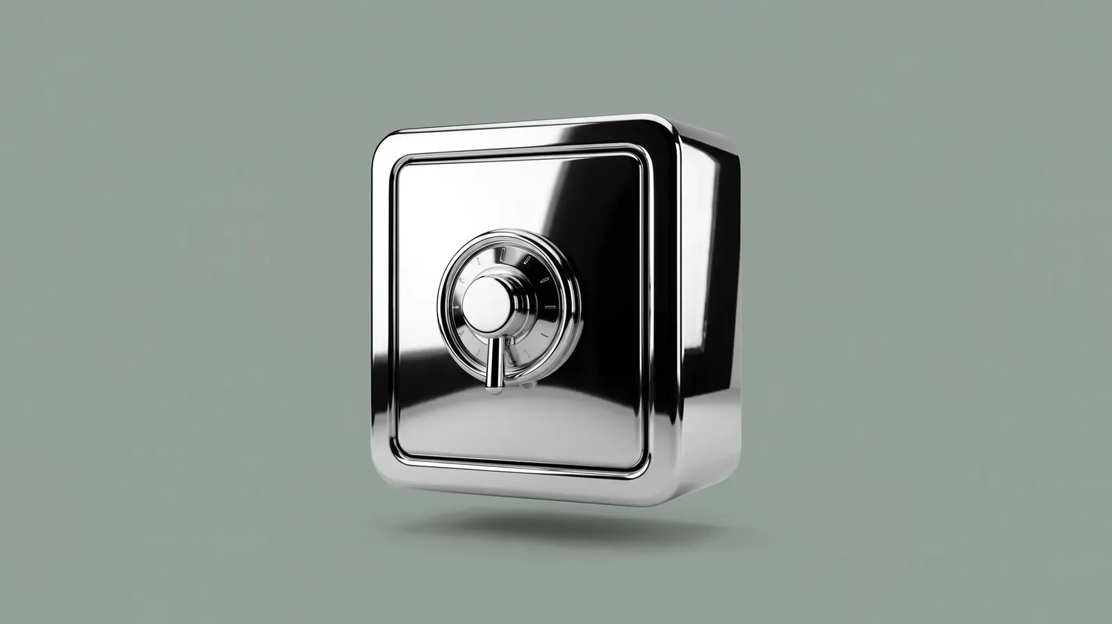 A polished chrome safe with a combination dial, floating against a plain sage-green background — encryption as the carrier for prompt injection