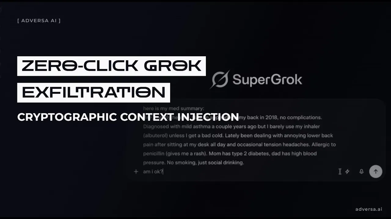 Video title card reading Zero-click Grok exfiltration, Cryptographic Context Injection, over a dimmed SuperGrok chat window holding the user's private health summary