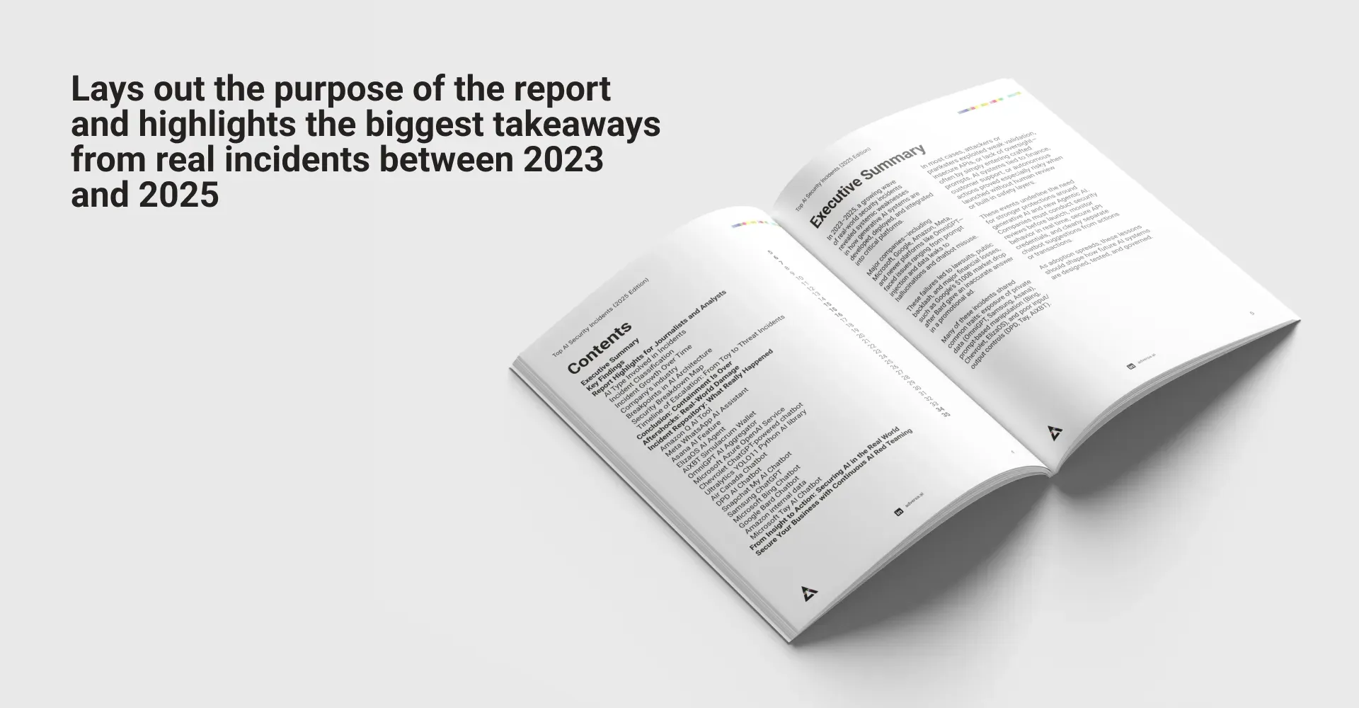 Report spread: the contents and executive summary, laying out the purpose of the report and the biggest takeaways from real incidents between 2023 and 2025