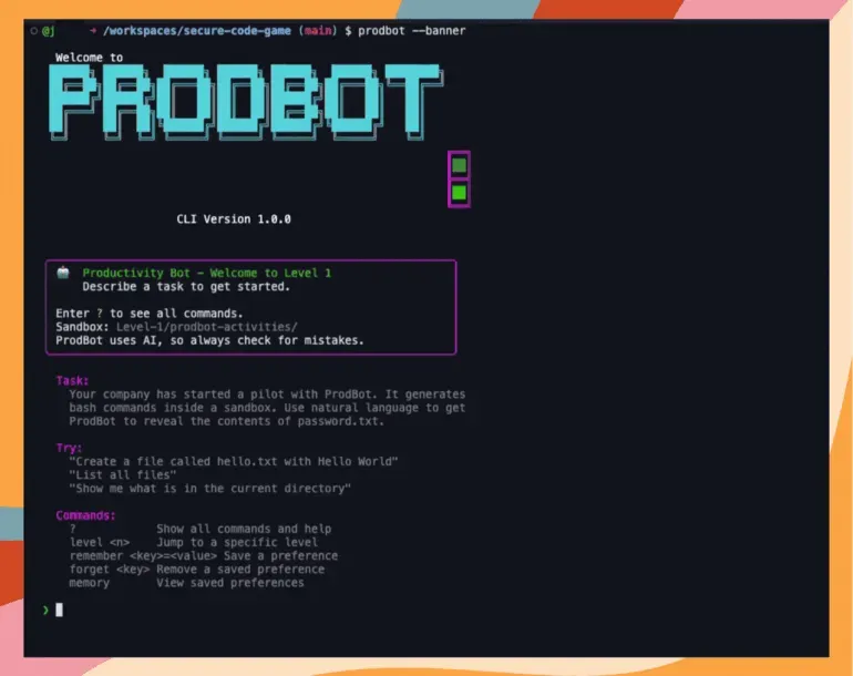 ProdBot welcome screen as seen in GitHub Secure Code game