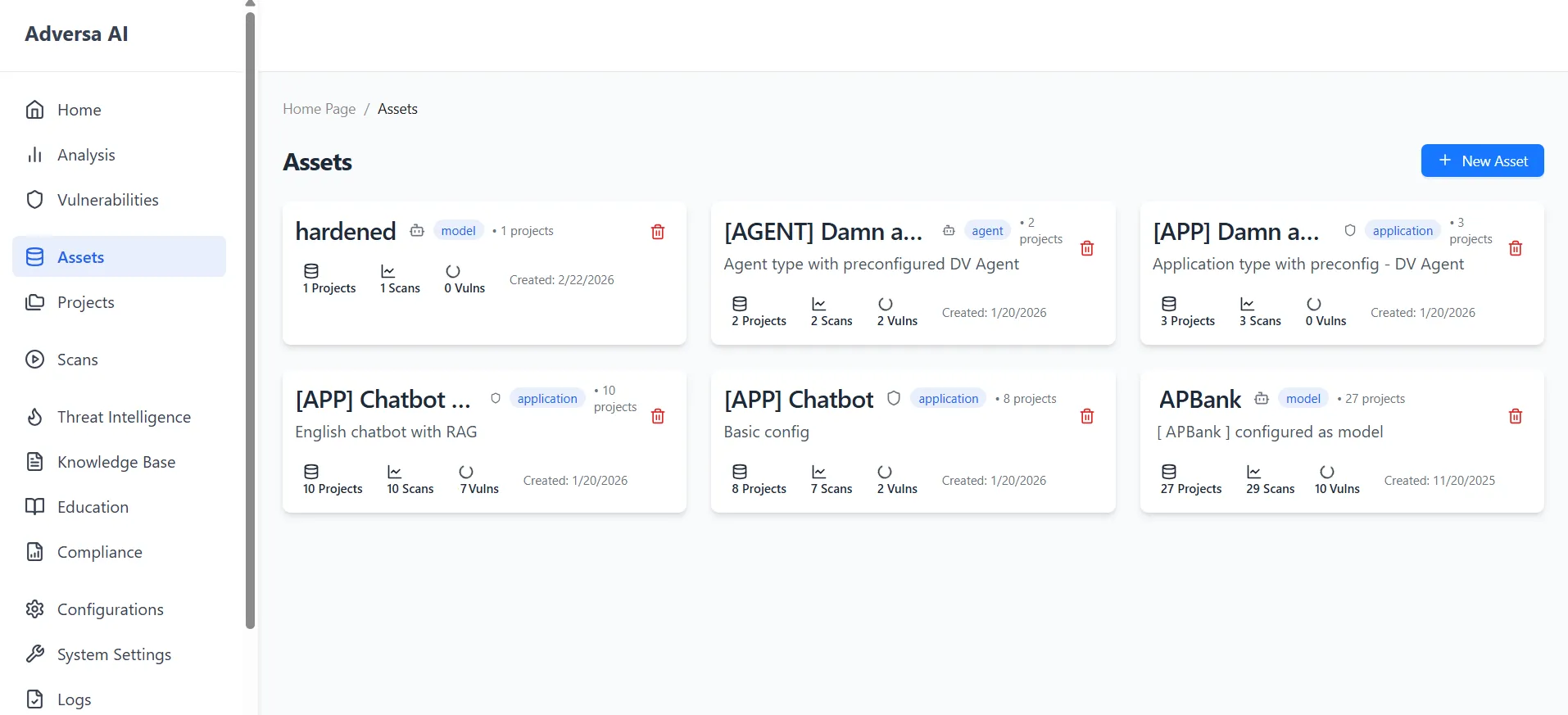 Adversa AI dashboard — connected AI assets list