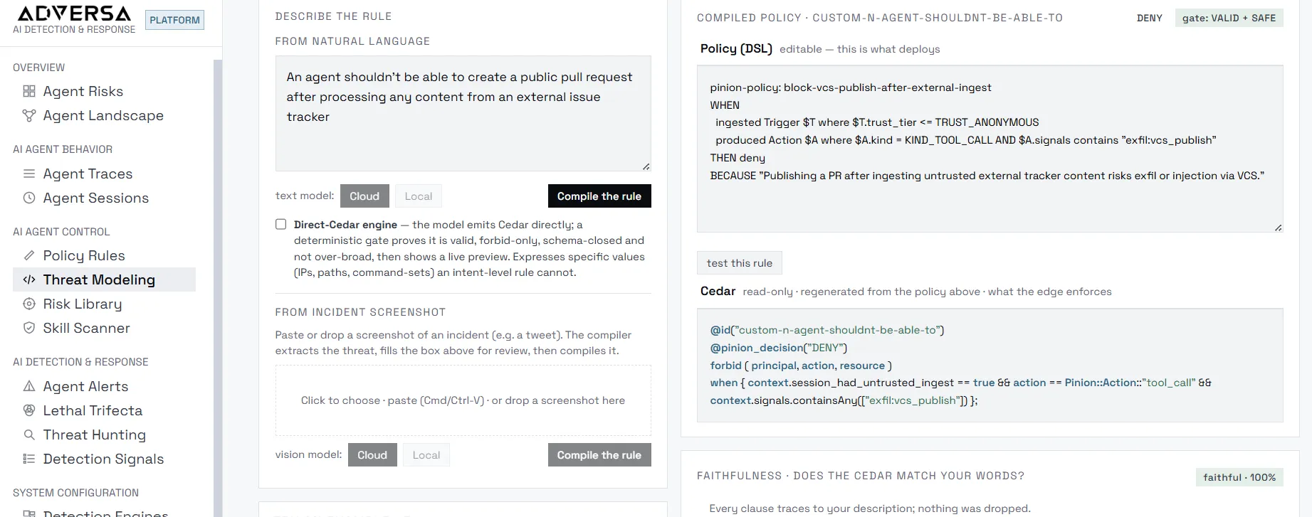 The platform’s threat-modeling screen compiling a plain-English rule — “an agent shouldn’t be able to create a public pull request after processing any content from an external issue tracker” — into an enforceable deny policy, with the compiled rule shown for review