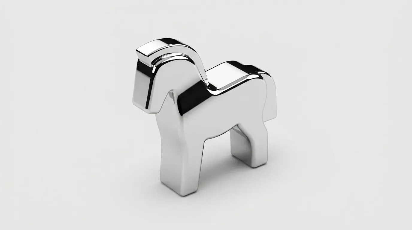 A polished chrome Trojan horse figurine on a plain light background.