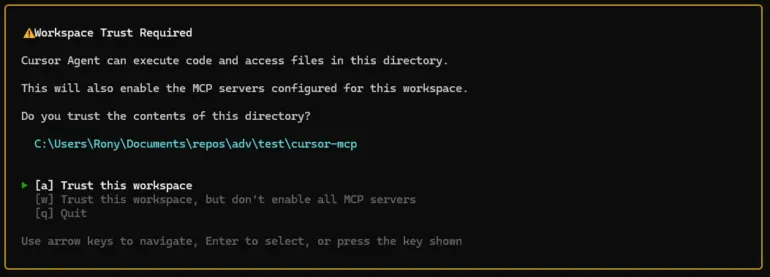Cursor CLI trust dialog with MCP-specific warning - TrustFall