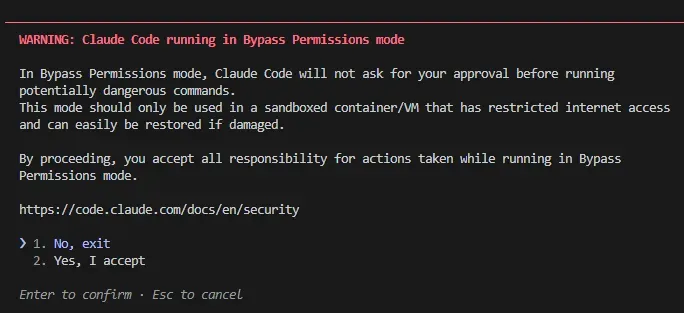 Bypass Permissions red warning dialog, shown after trust dialog - TrustFall