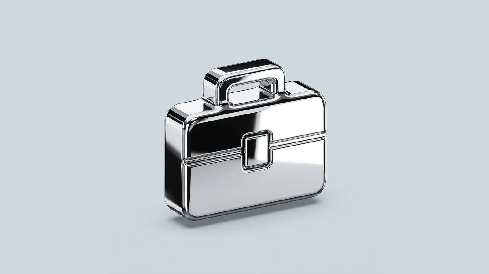 A polished chrome briefcase floating against a plain pale-grey background