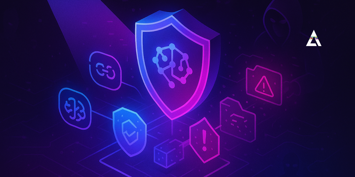 Futuristic abstract illustration showing a glowing AI core emitting glitchy streams in a dark cyberpunk circuit grid — representing key testing areas of the Adversa AI Red Teaming Platform