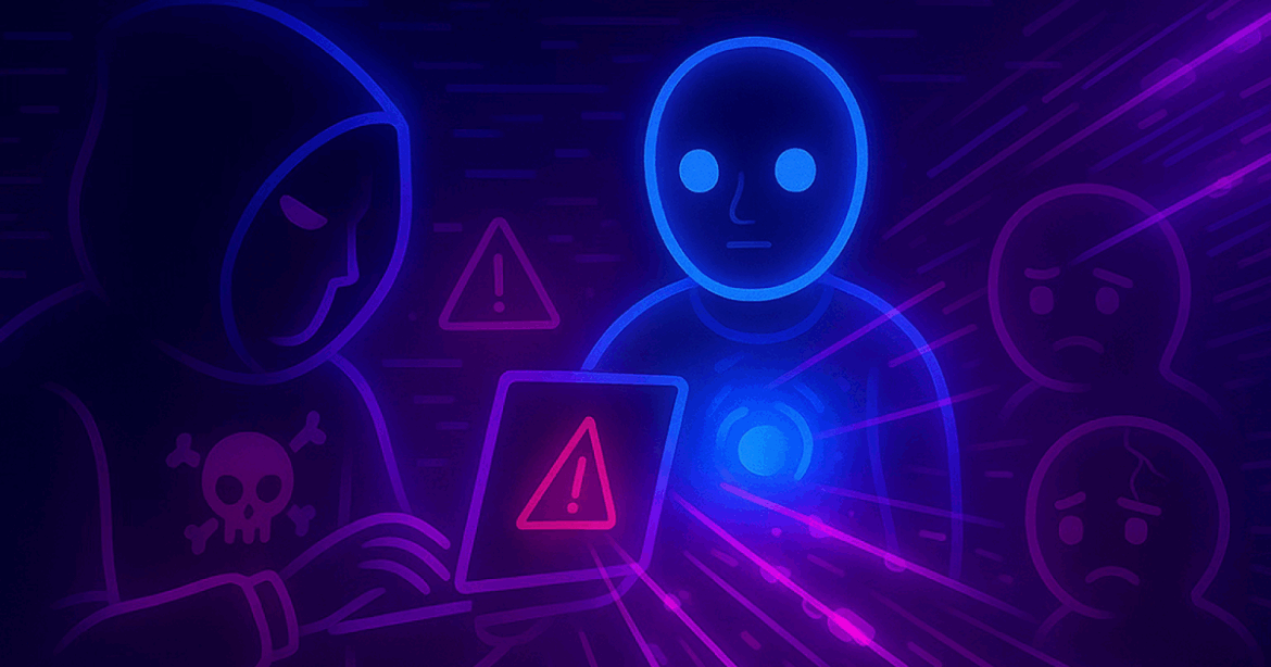 A hooded hacker with a laptop launches a digital attack on a glowing AI figure, while warning signs and worried AI faces appear in the background