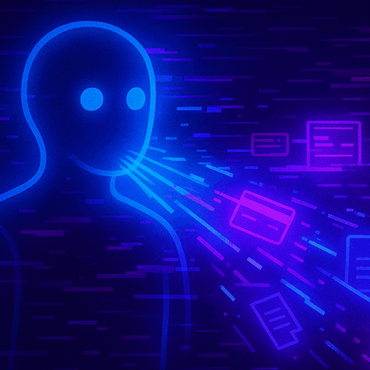 A glowing humanoid AI figure emits digital fragments such as credit cards, documents, and locks, representing sensitive data leakage in a cyberpunk-style environment
