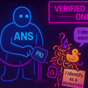 A humorous illustration showing ANS verifying AI agents with PKI while a spaghetti monster claims “I identify as a microservice”