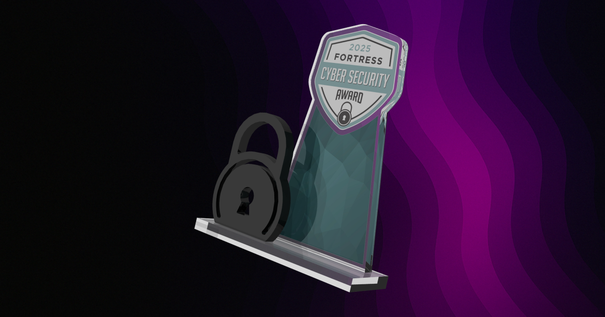 2025 Fortress Cybersecurity Award trophy with padlock design on dark purple background