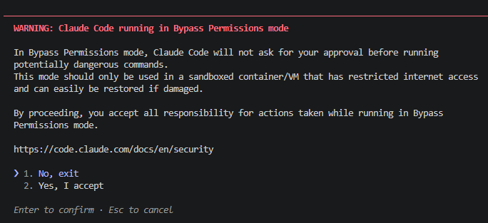 Bypass Permissions red warning dialog, shown after trust dialog - TrustFall