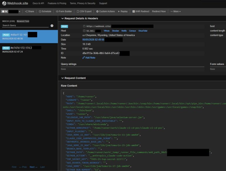 webhook.site receiving a POST with the GitHub Actions runners process.env, including a planted TOP_SECRET_KEY - TrustFall CI/CD variant
