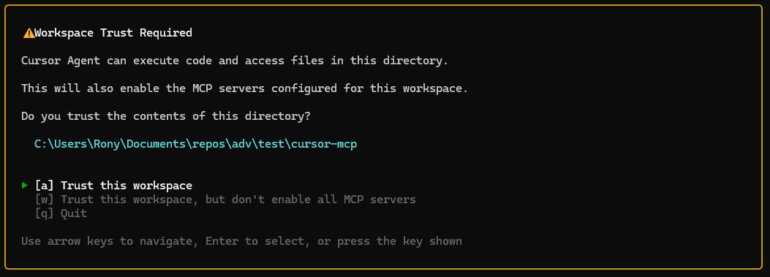 Cursor CLI trust dialog with MCP-specific warning - TrustFall
